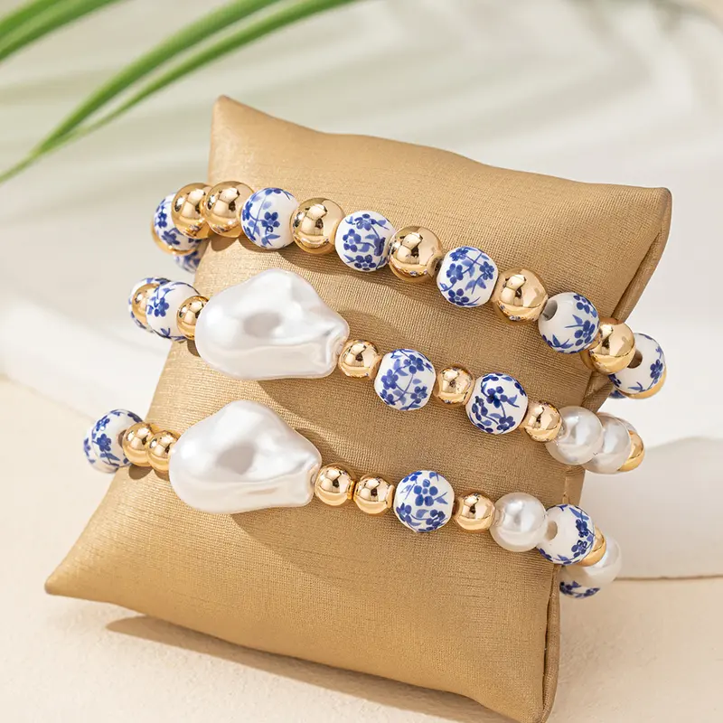 3PCS Imitation Baroque Pearl Bracelet Elastic Rope Fashion Simple Beaded Blue and White Porcelain Bracelet s Jewelry Accessories