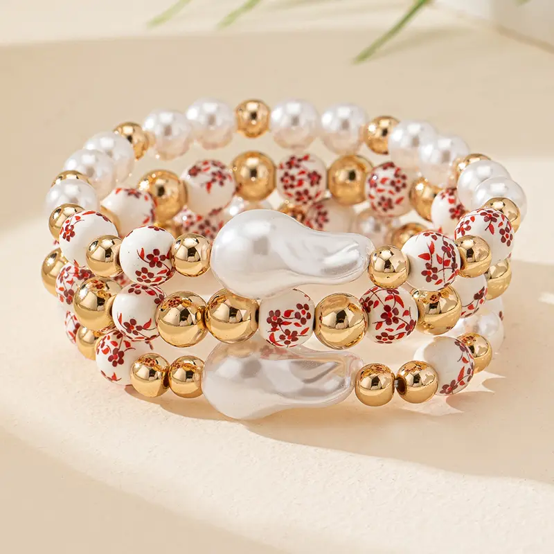 3PCS Imitation Baroque Pearl Bracelet Elastic Rope Fashion Simple Beaded Blue and White Porcelain Bracelet s Jewelry Accessories