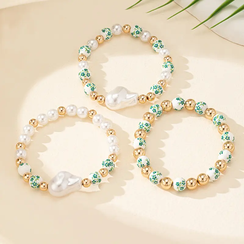 3PCS Imitation Baroque Pearl Bracelet Elastic Rope Fashion Simple Beaded Blue and White Porcelain Bracelet s Jewelry Accessories