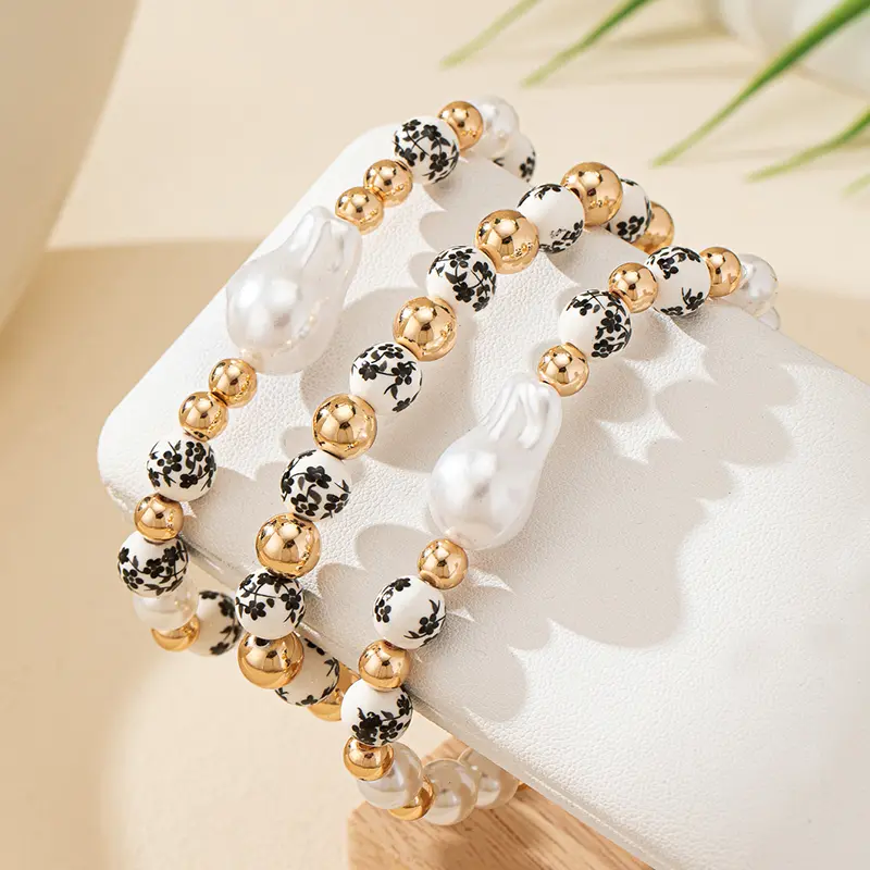 3PCS Imitation Baroque Pearl Bracelet Elastic Rope Fashion Simple Beaded Blue and White Porcelain Bracelet s Jewelry Accessories