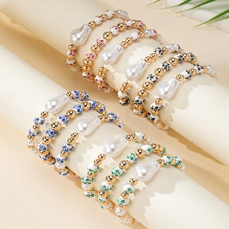3PCS Imitation Baroque Pearl Bracelet Elastic Rope Fashion Simple Beaded Blue and White Porcelain Bracelet s Jewelry Accessories