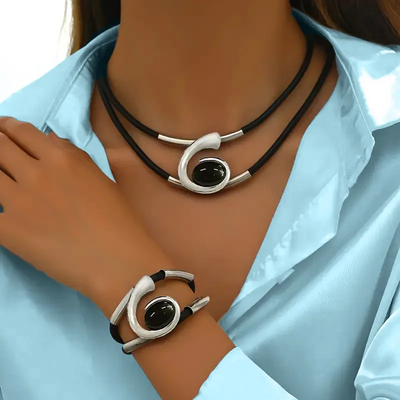 Black Acrylic Stone Necklace Bracelet Set Simple Fashion Jewelry Accessories Hot Sale Party Gift 2025 New Style