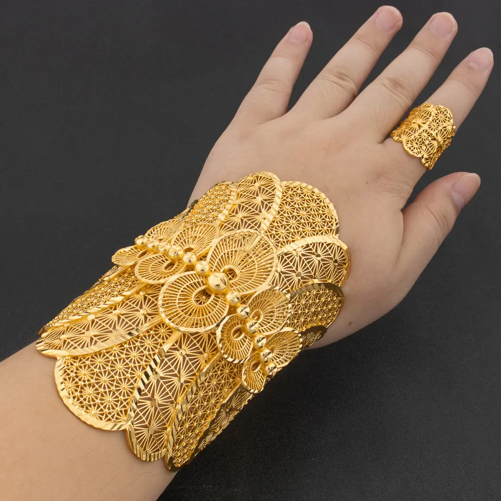 African Cuff Bangles with Rings Wedding Banquet Gifts Women Charm Adjustable Rings Gold Plated Bangle Luxury Jewelry Accessories