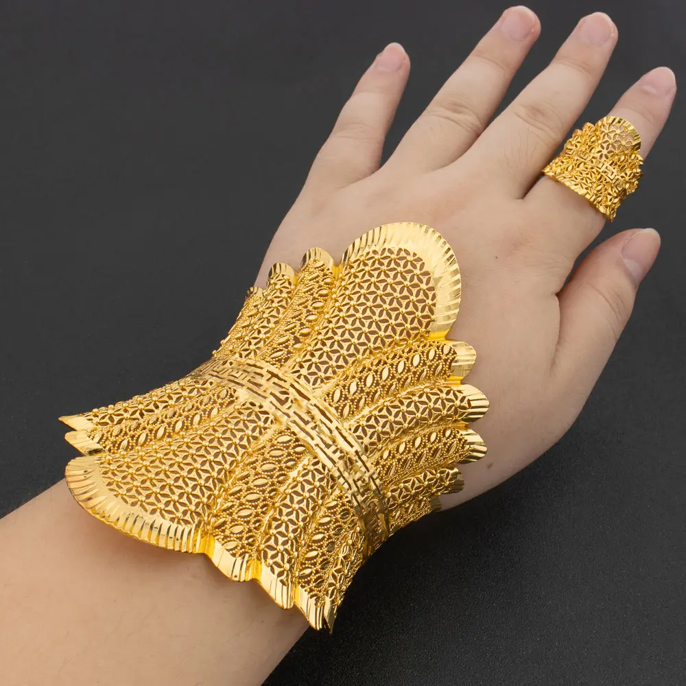 African Cuff Bangles with Rings Wedding Banquet Gifts Women Charm Adjustable Rings Gold Plated Bangle Luxury Jewelry Accessories