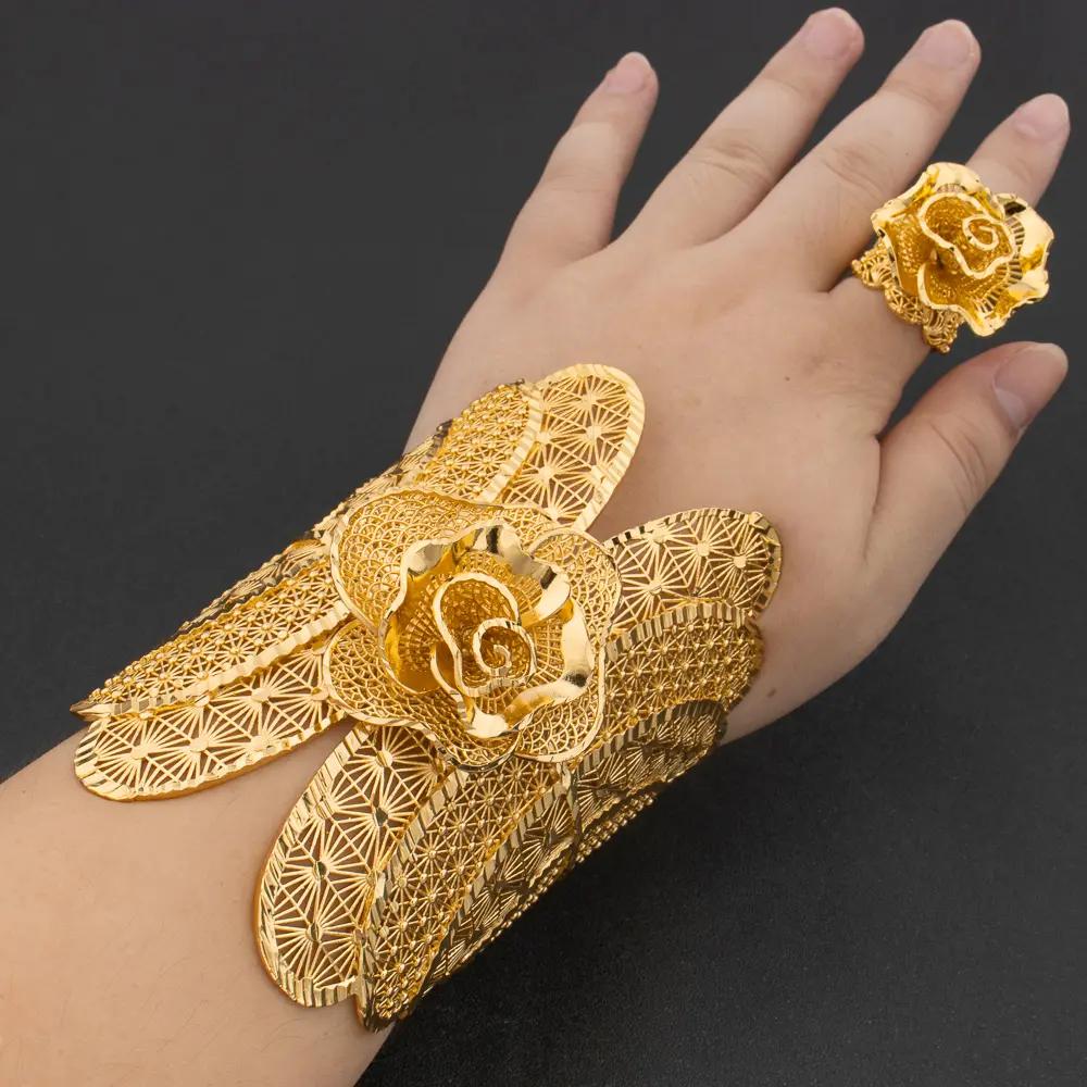 African Cuff Bangles with Rings Wedding Banquet Gifts Women Charm Adjustable Rings Gold Plated Bangle Luxury Jewelry Accessories