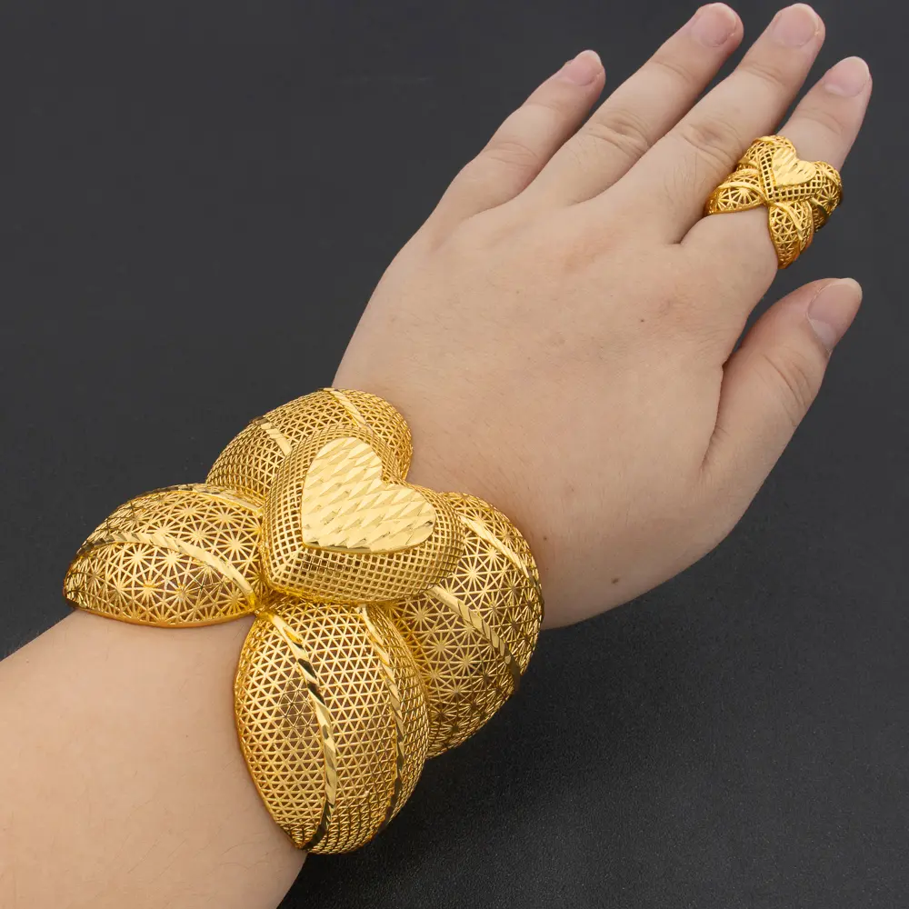 African Cuff Bangles with Rings Wedding Banquet Gifts Women Charm Adjustable Rings Gold Plated Bangle Luxury Jewelry Accessories