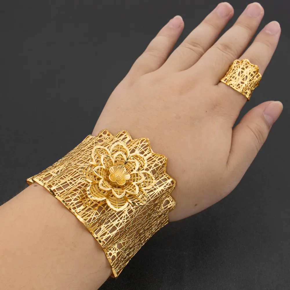 African Cuff Bangles with Rings Wedding Banquet Gifts Women Charm Adjustable Rings Gold Plated Bangle Luxury Jewelry Accessories