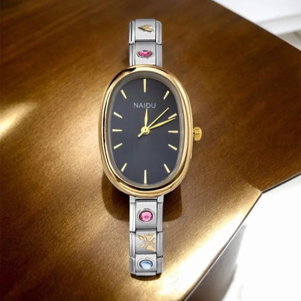 2025 New Trendy Female Style Ellipse Quartz Watch Stainless Steel Strap 9mm Width Hand Chain Hand Watch Delicate Gifts