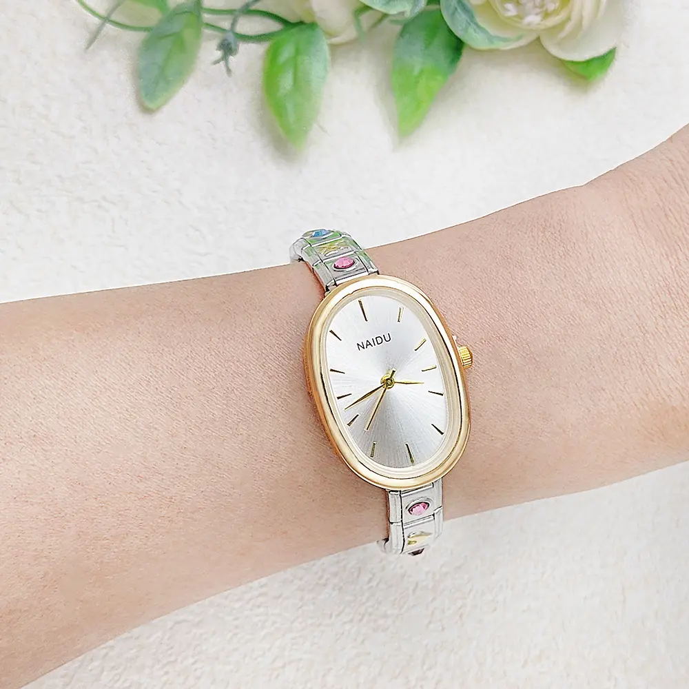 2025 New Trendy Female Style Ellipse Quartz Watch Stainless Steel Strap 9mm Width Hand Chain Hand Watch Delicate Gifts