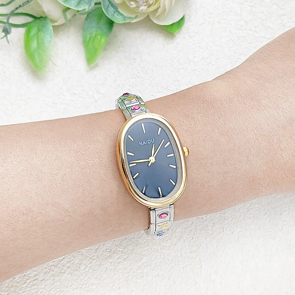 2025 New Trendy Female Style Ellipse Quartz Watch Stainless Steel Strap 9mm Width Hand Chain Hand Watch Delicate Gifts