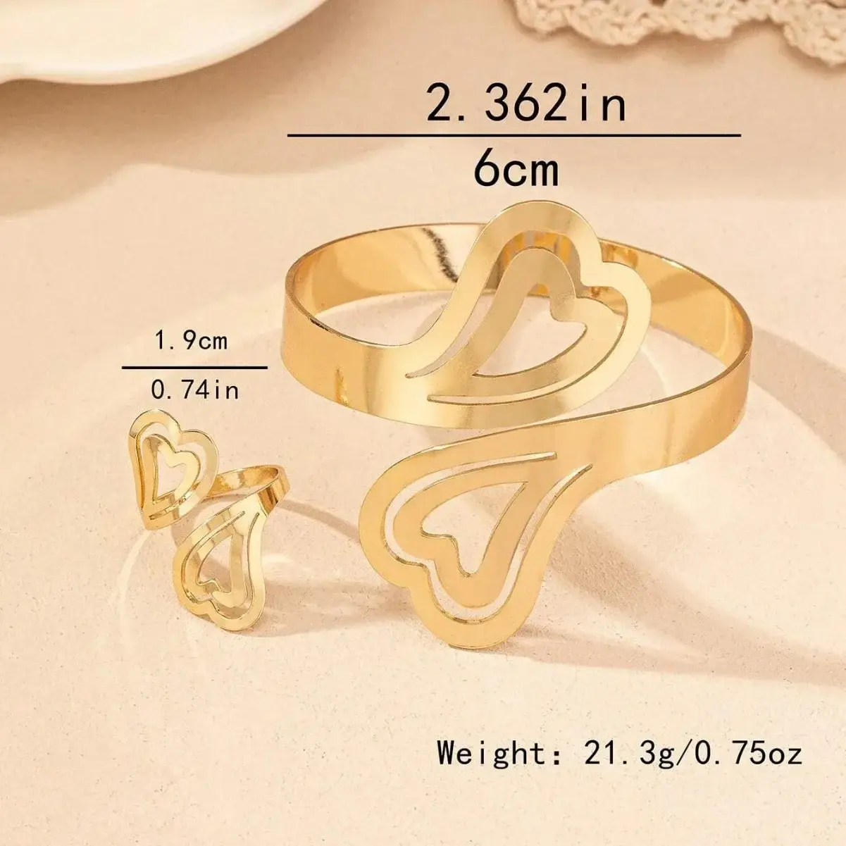2PCS Gold-plated Heart Shaped Bracelet Bangles for Women Fashionable Temperament Geometric Ring Accessories Sets Jewelry