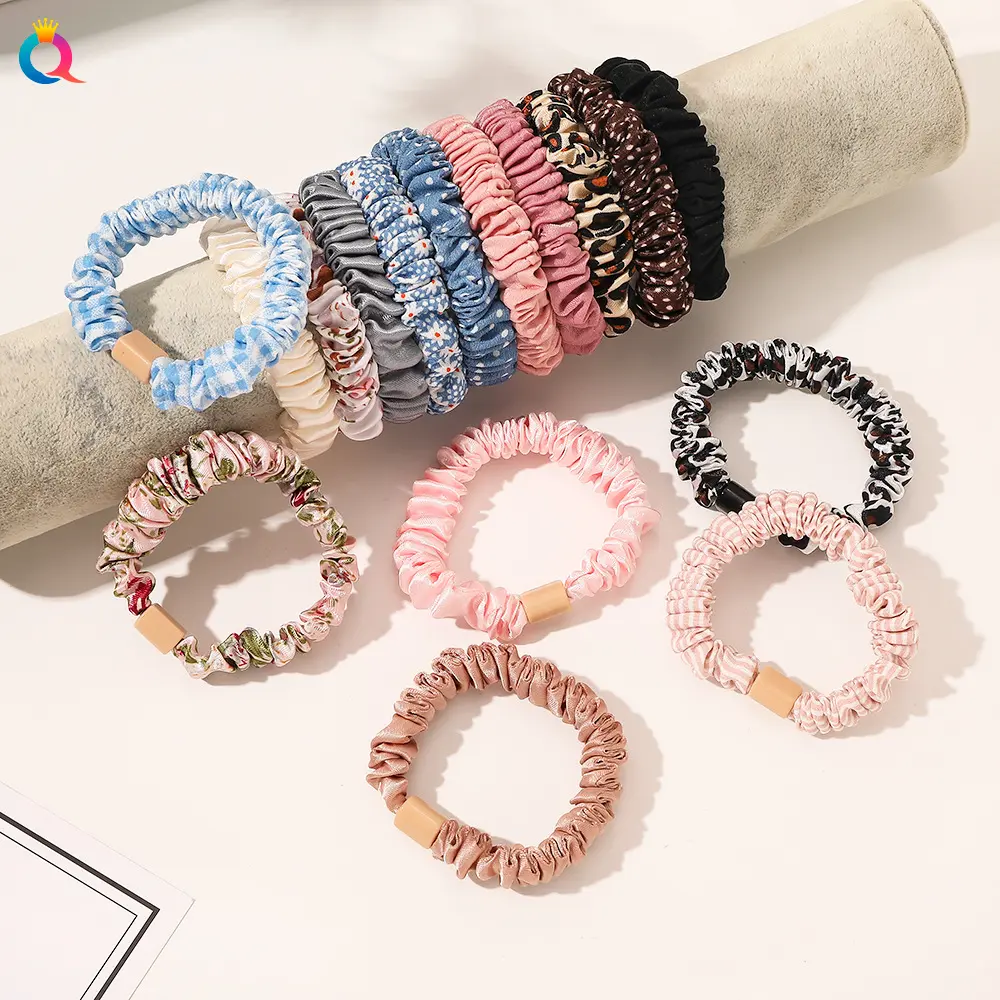 Women's Satin Pleated Hair Scrunchies Floral Printed Striped Polka Dots Elastic Hair Bands Girl Ponytail Holder Hair Accessories