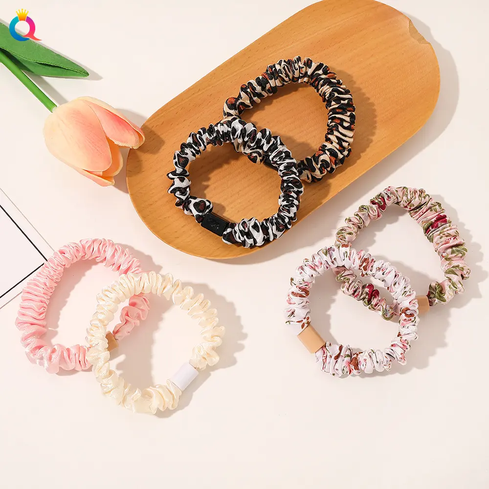 Women's Satin Pleated Hair Scrunchies Floral Printed Striped Polka Dots Elastic Hair Bands Girl Ponytail Holder Hair Accessories