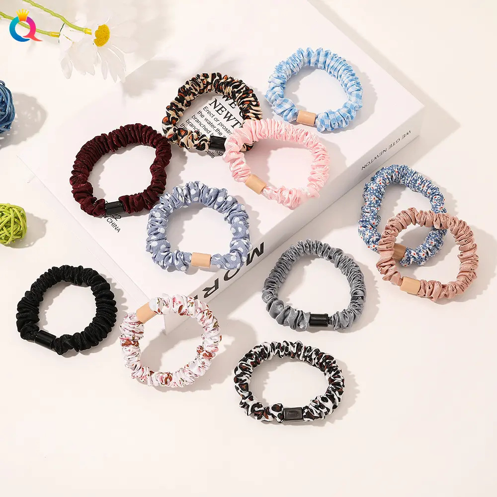 Women's Satin Pleated Hair Scrunchies Floral Printed Striped Polka Dots Elastic Hair Bands Girl Ponytail Holder Hair Accessories