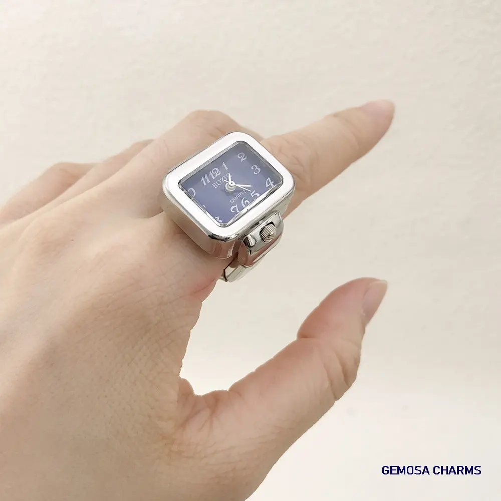 GEMOSA Creative Finger Watch Square Stainless Steel Italian Charm Link Clock Roman Quartz Watch Ring Trend Jewelry for Women Men