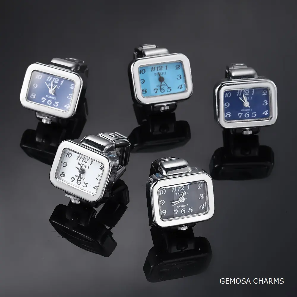 GEMOSA Creative Finger Watch Square Stainless Steel Italian Charm Link Clock Roman Quartz Watch Ring Trend Jewelry for Women Men