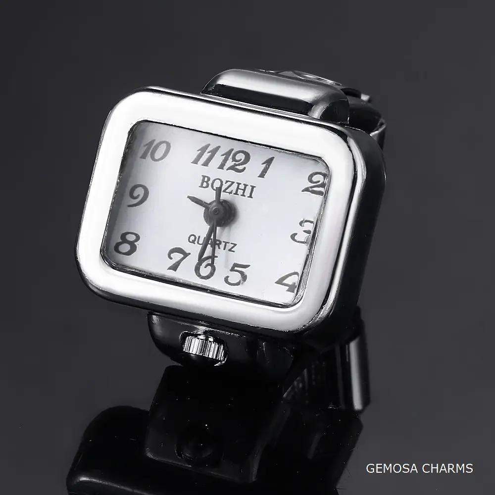 GEMOSA Creative Finger Watch Square Stainless Steel Italian Charm Link Clock Roman Quartz Watch Ring Trend Jewelry for Women Men