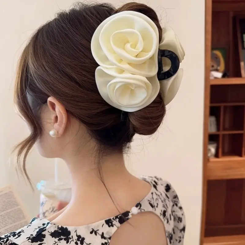 Elegant Vintage Satin Colour Rose Flower Hair Claw  Ponytail Holder Hair Clip Hairpin Women Girl Barrettes Hair Accessories