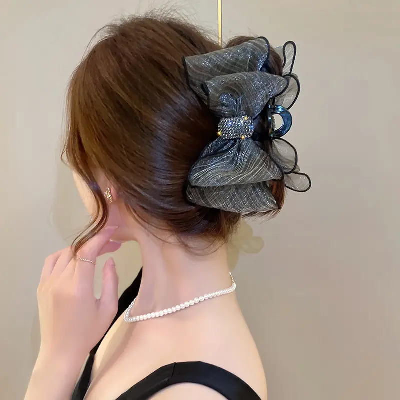 Elegant Mesh Bow Hair Clips Women Ponytail Claw Clip Sparkling Rhinestone Clips Hairpin Girls Headdress Hair Accessories Gifts