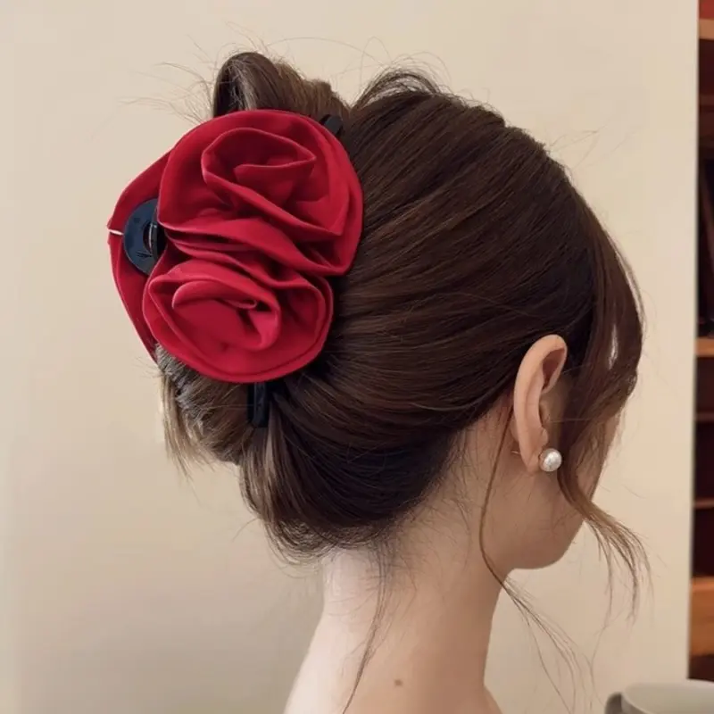 Elegant Vintage Satin Colour Rose Flower Hair Claw  Ponytail Holder Hair Clip Hairpin Women Girl Barrettes Hair Accessories