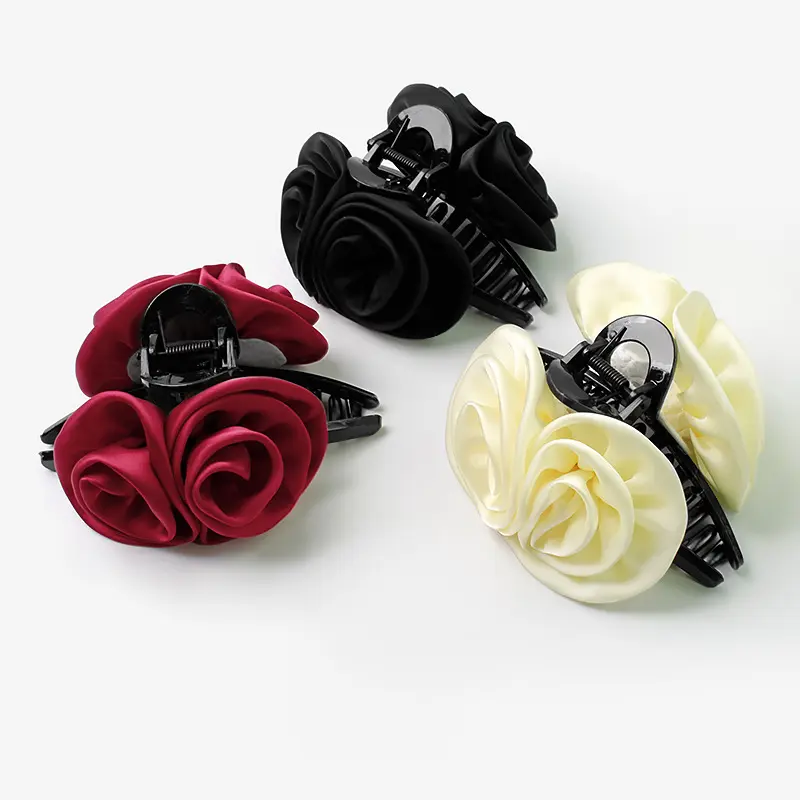 Elegant Vintage Satin Colour Rose Flower Hair Claw  Ponytail Holder Hair Clip Hairpin Women Girl Barrettes Hair Accessories