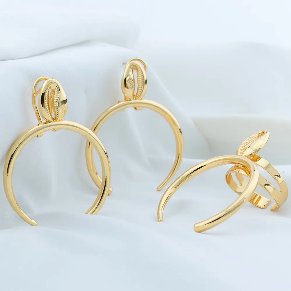 Dubai Jewelry Set for Women Gold Color Round Clip Earrings African Adjustable Circular Ring Luxury Wedding Jewelry Accessories