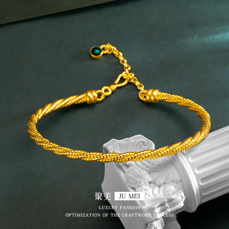 9999 24K  real gold store The same gold lady's opening bracelet with silk winding Fried Dough Twists bracelet is adjustable