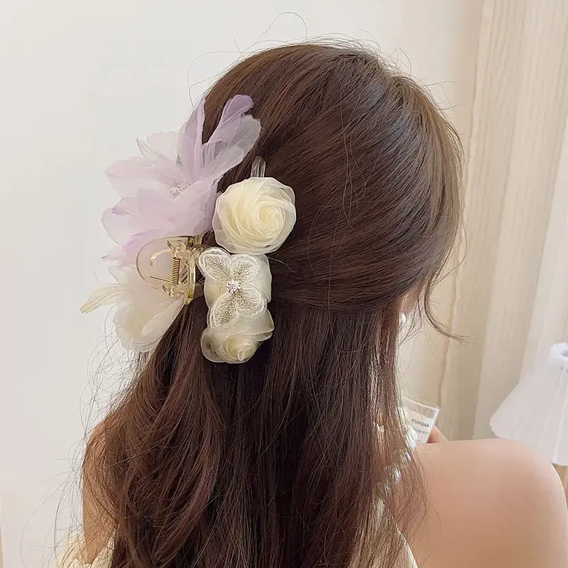 Exquisite Rose Tassel Hair Claw for Women Korean Style Headpiece Female Casual Hair Accessories Large Hair Clip New Headwear