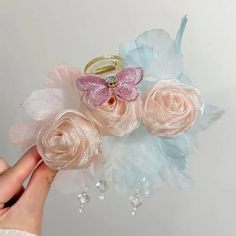 Exquisite Rose Tassel Hair Claw for Women Korean Style Headpiece Female Casual Hair Accessories Large Hair Clip New Headwear
