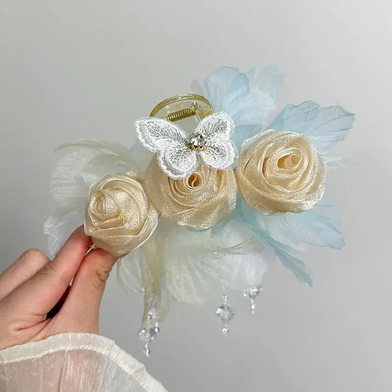 Exquisite Rose Tassel Hair Claw for Women Korean Style Headpiece Female Casual Hair Accessories Large Hair Clip New Headwear