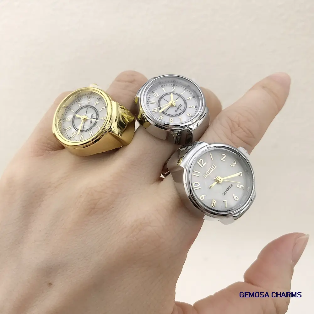GEMOSA Finger Watch Stainless Steel Creative Italian Charm Link CLassic Clock Roman Quartz Women Men Watch Ring Fashion Jewelry