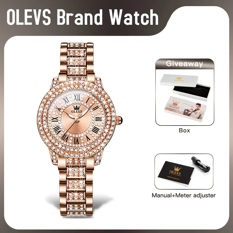 OLEVS 9943 Womens Watch Original Fashion Quartz Watch Roman Inlaid Zircon Dial Reloj Waterproof Luminous  Ladies Watch Box