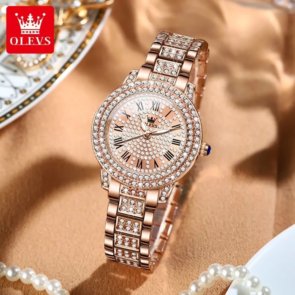 OLEVS 9943 Womens Watch Original Fashion Quartz Watch Roman Inlaid Zircon Dial Reloj Waterproof Luminous  Ladies Watch Box