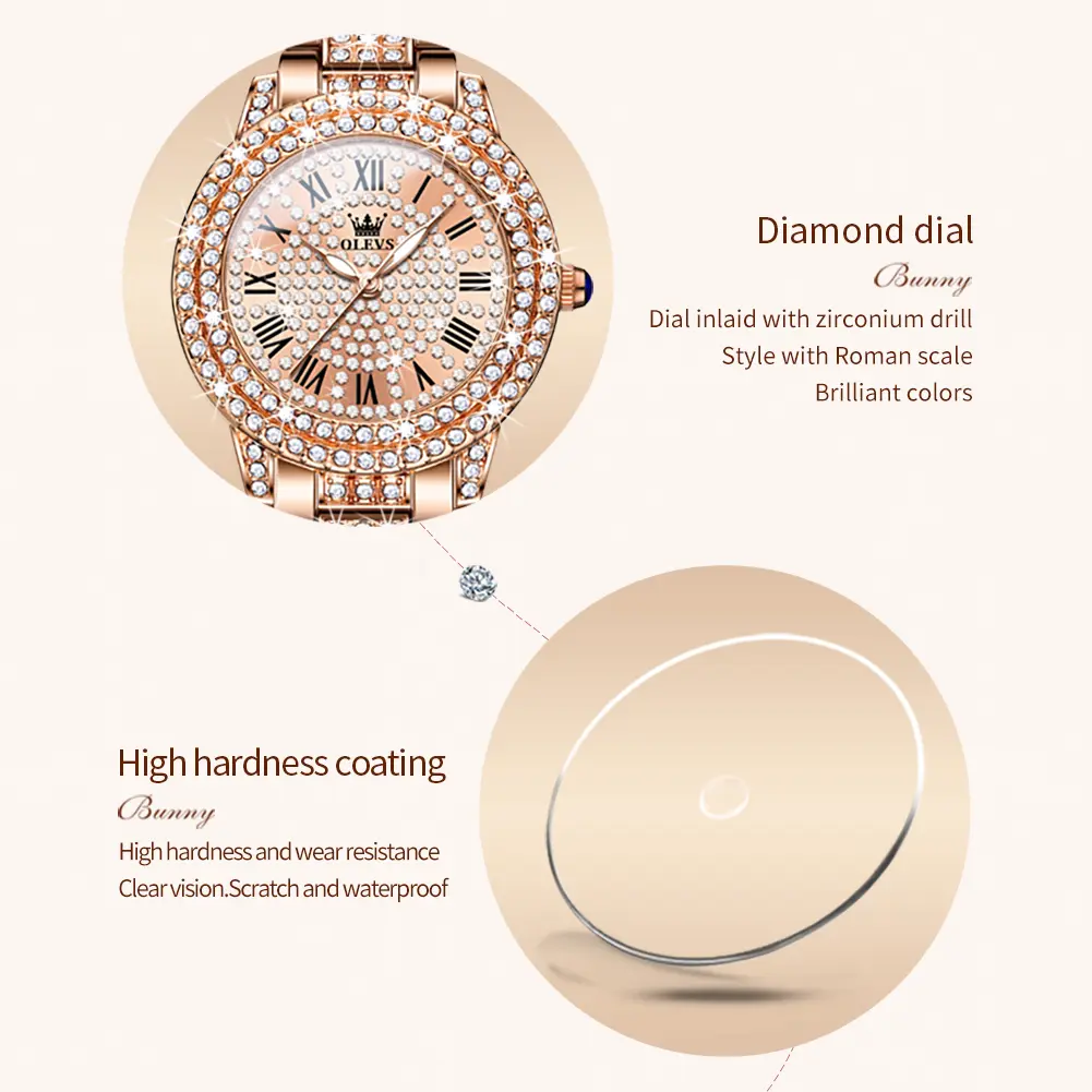 OLEVS 9943 Womens Watch Original Fashion Quartz Watch Roman Inlaid Zircon Dial Reloj Waterproof Luminous  Ladies Watch Box