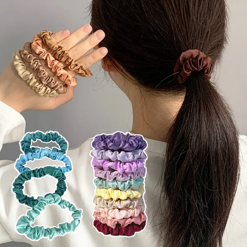 10-Piece Women's Pure Color Satin Large Scrunchie Daily Simple Rubber Hair Bands Set Skinny Ponytail Holder Hair Accessories