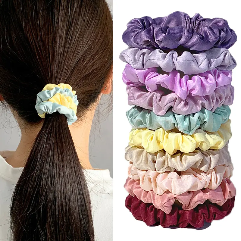 10-Piece Women's Pure Color Satin Large Scrunchie Daily Simple Rubber Hair Bands Set Skinny Ponytail Holder Hair Accessories