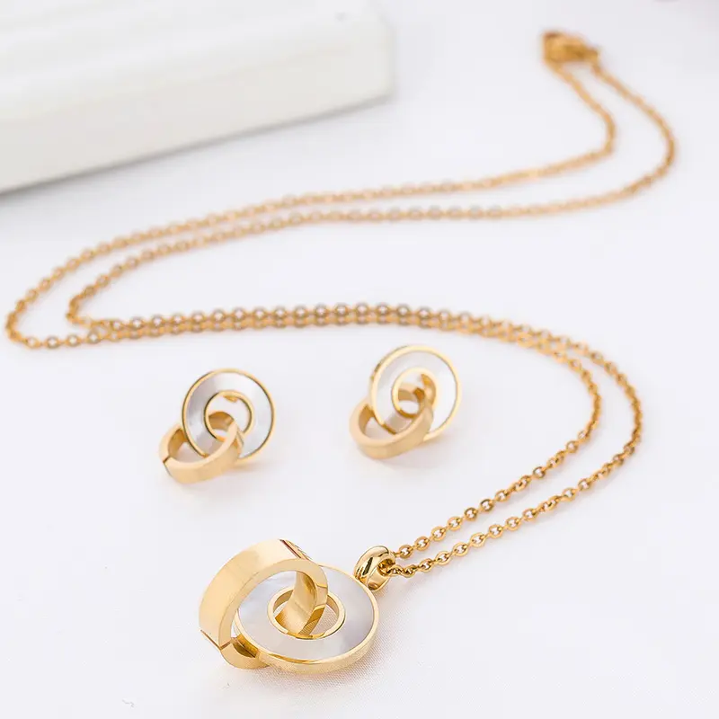 Fashion Jewelry Sets Gold Color Stainless Steel Shell Pendant Necklace Earrings Accessory For Women Wedding Party