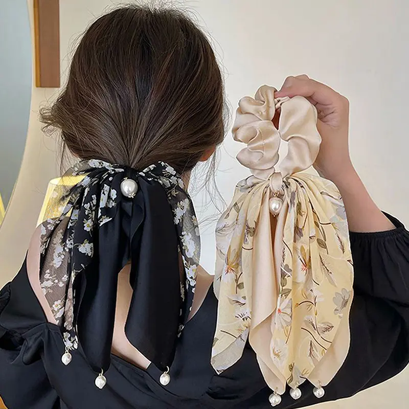 Hair Scarf Hair Scrunchy Chiffon Floral Scrunchie Hair Bands Ponytail Holder Scrunchy Ties Vintage Accessories For Women Girls