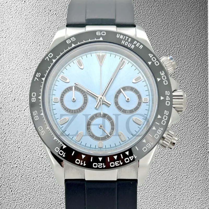 Silver Blue Chronograph Silicone Strap Sapphire Glass Daytona Watch Japan VK63 Quartz Watch Movement with Ceramic Bezel  No Logo