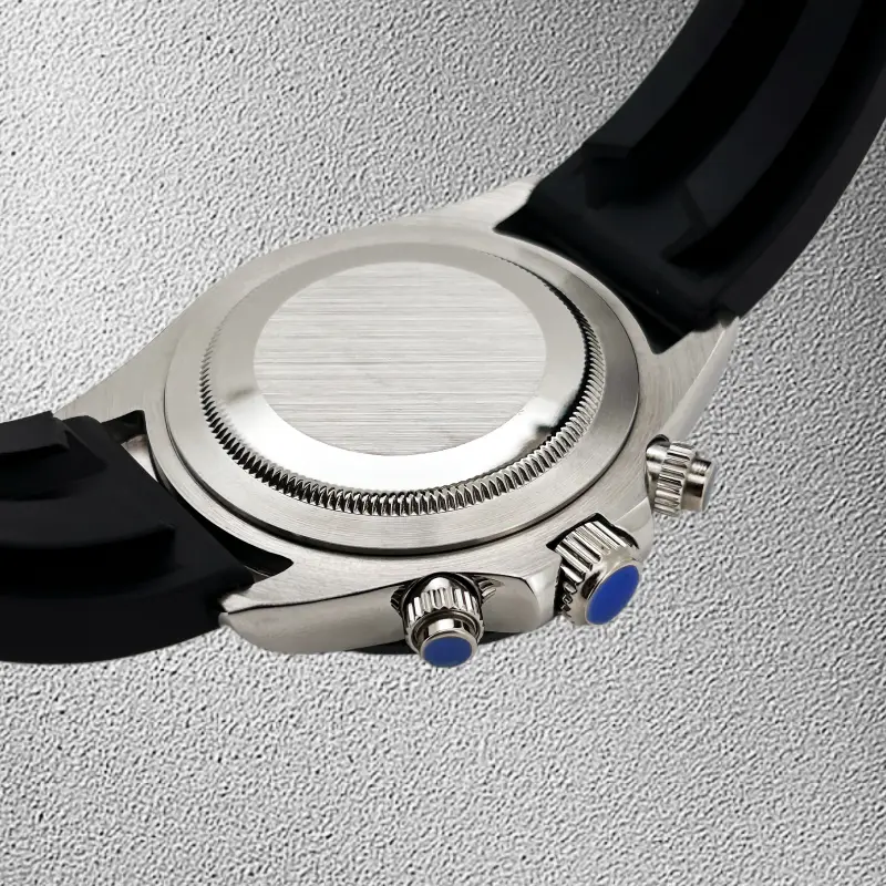 Silver Blue Chronograph Silicone Strap Sapphire Glass Daytona Watch Japan VK63 Quartz Watch Movement with Ceramic Bezel  No Logo