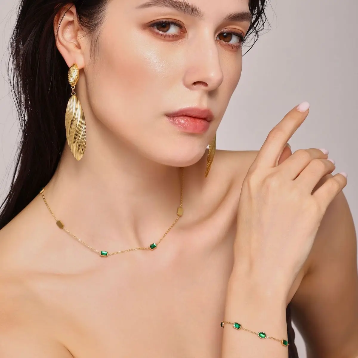 Luxury Square Green Zirconia Necklace Bracelet Set Women's 316L Stainless Steel Gold-Plated Waterproof Jewelry Accessories