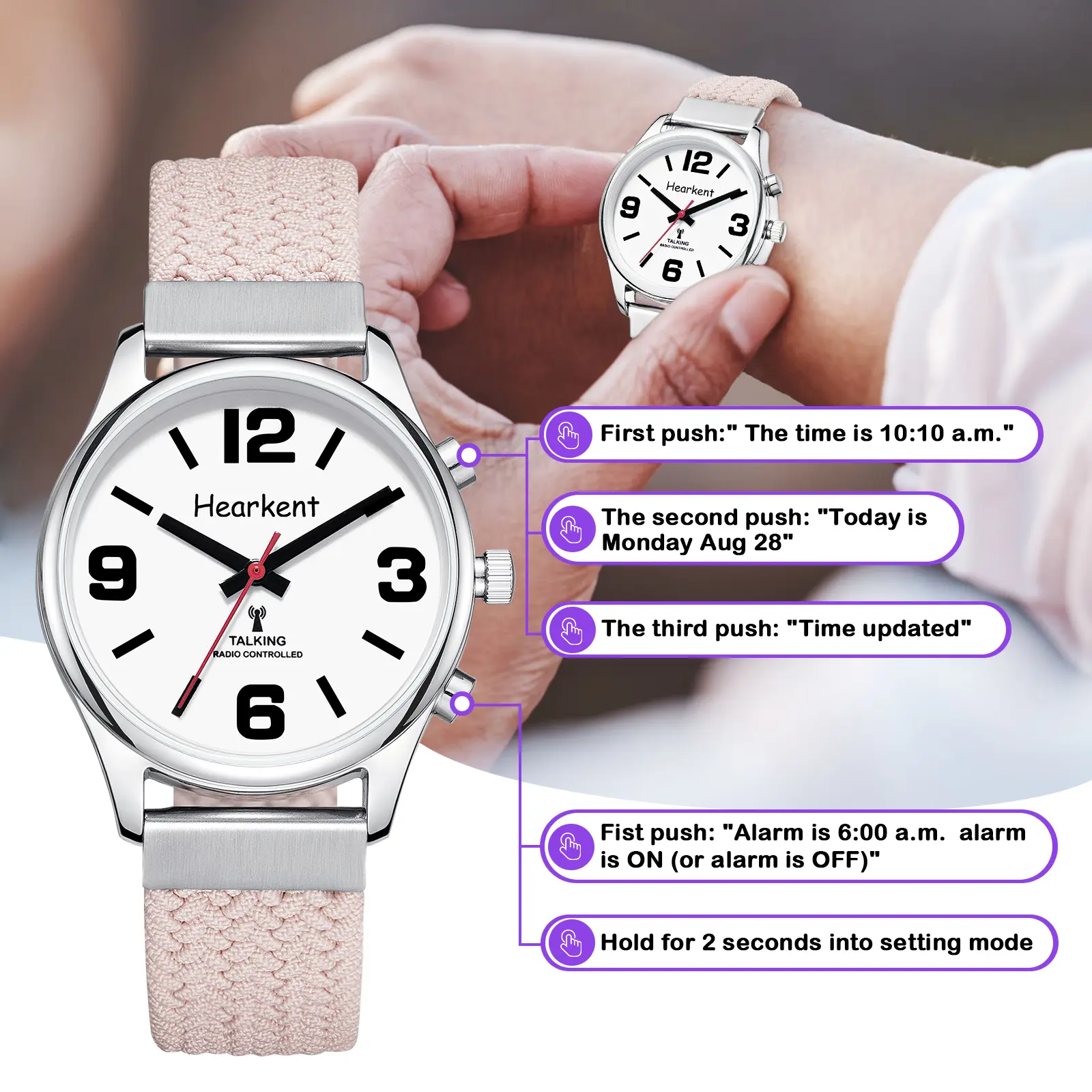 Hearkent English Talking Watch Fashion Nylon Strap Women Quartz Watch with  Alarm Clock Hourly Chime Voice Blind Wrist Watches