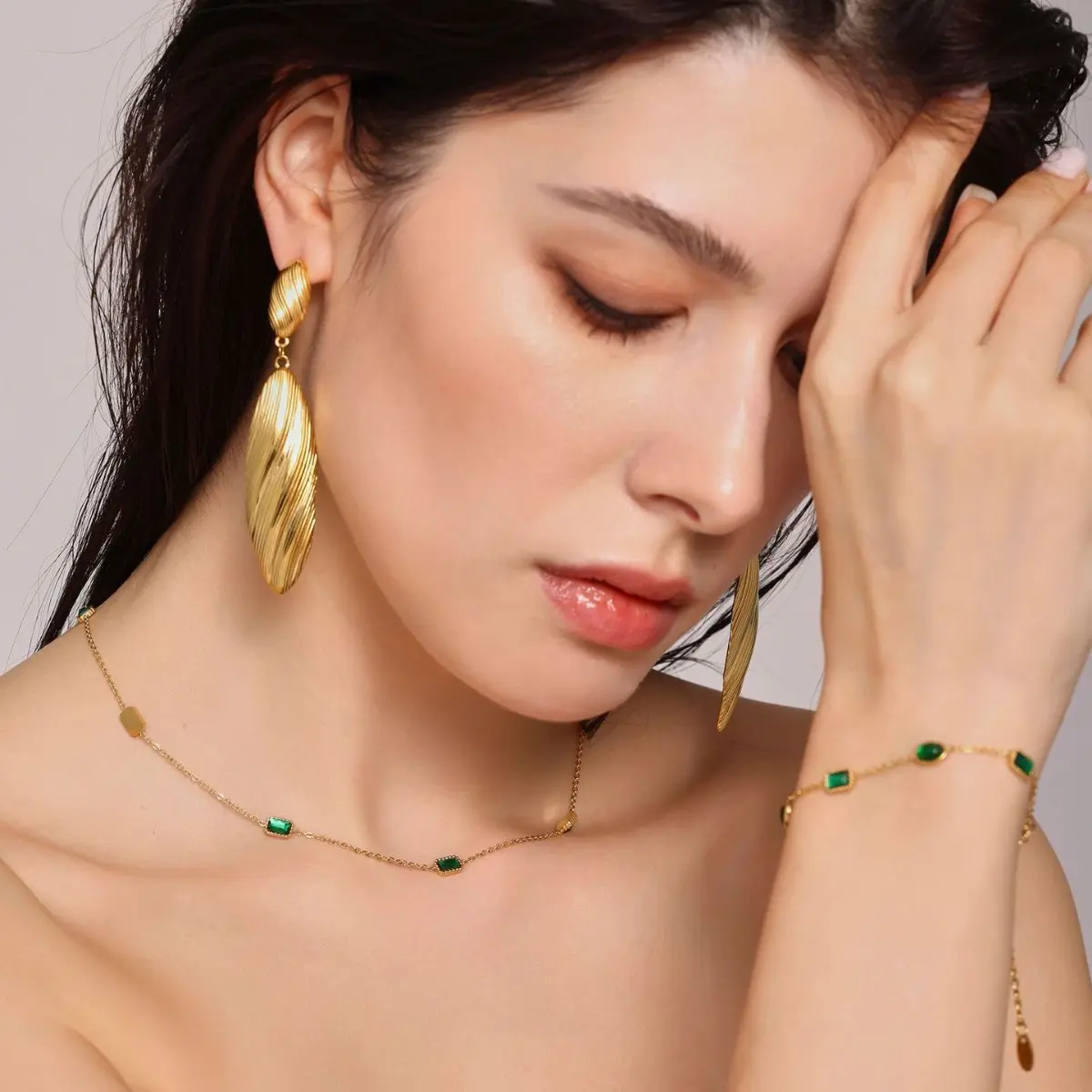 Luxury Square Green Zirconia Necklace Bracelet Set Women's 316L Stainless Steel Gold-Plated Waterproof Jewelry Accessories