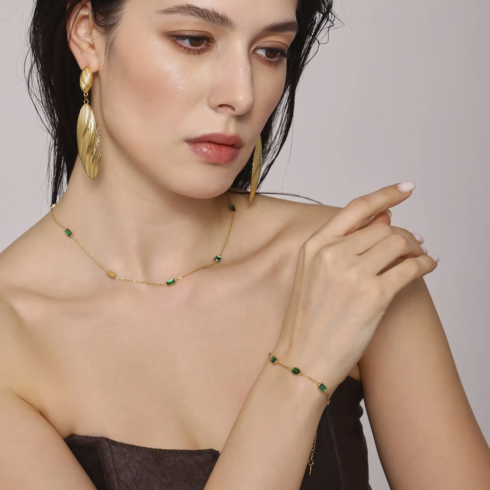 Luxury Square Green Zirconia Necklace Bracelet Set Women's 316L Stainless Steel Gold-Plated Waterproof Jewelry Accessories