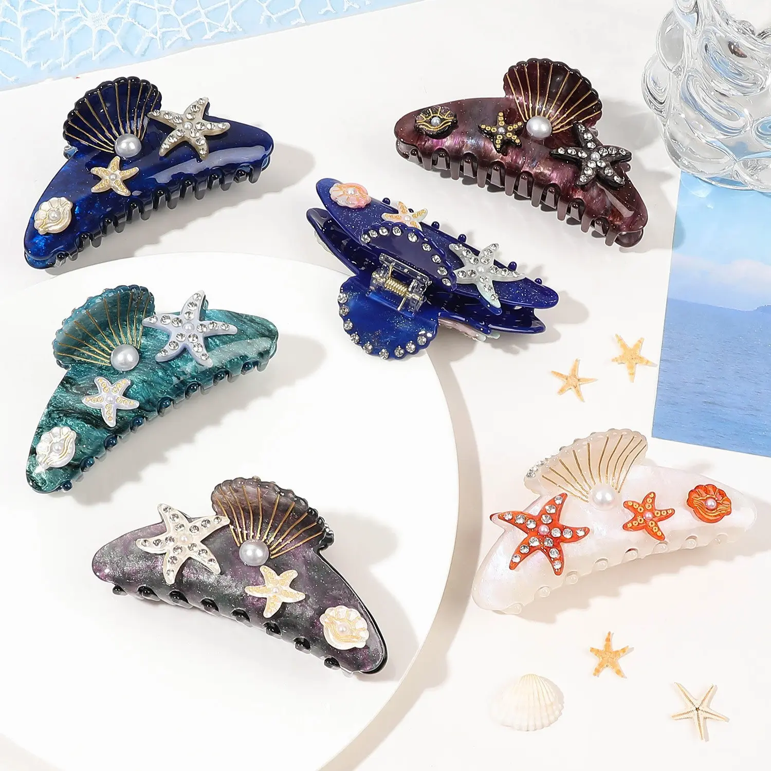 YHJ Starfish Hair Claw for Women Rhinestone Acetate Claw Clip Vacation Jewelry Hair Clip Trendy Claw Clips Hair Accessories