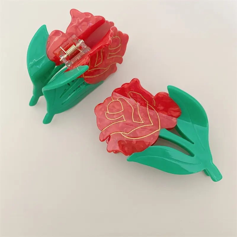 DuoShang Sweet Red Rose Hair Claw Eco-friendly Acetate Claw Clips Flower Series Crab Hair Clips for Women Girls Hair Accessories