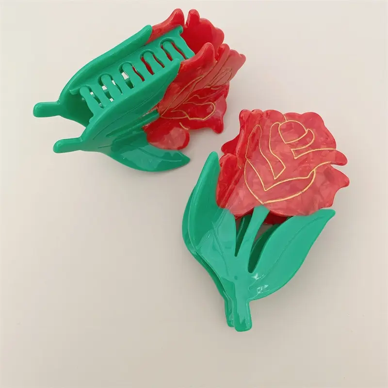 DuoShang Sweet Red Rose Hair Claw Eco-friendly Acetate Claw Clips Flower Series Crab Hair Clips for Women Girls Hair Accessories