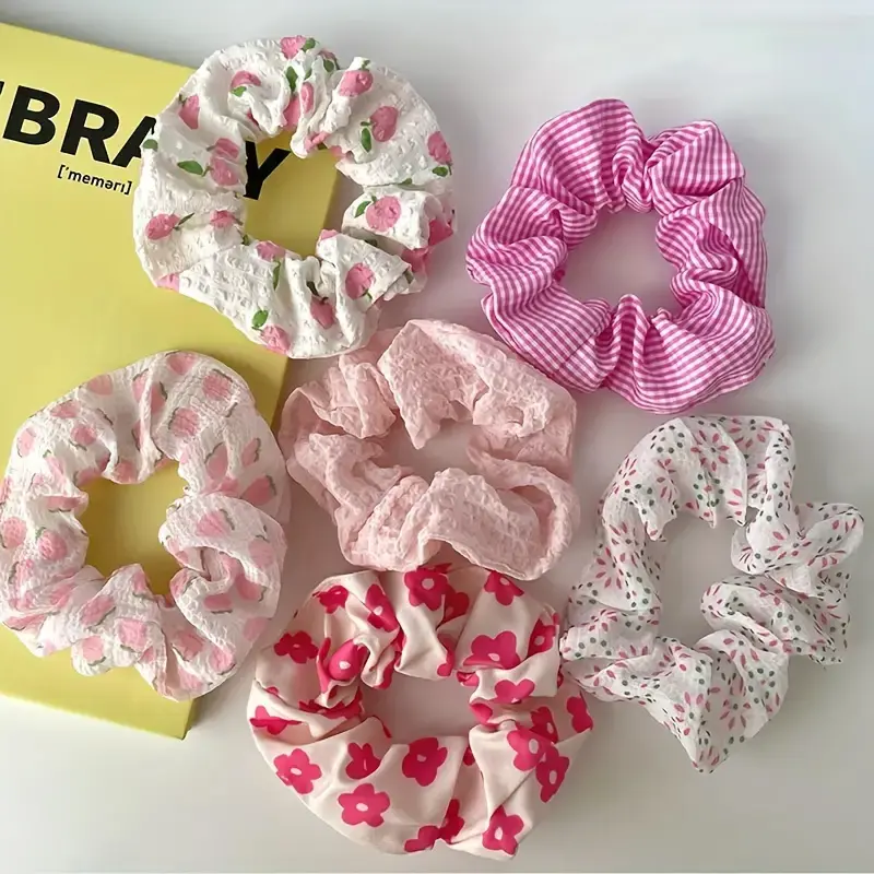 6pcs/set women's sweet pink peach blossom check large intestine hair ring,fashionable and versatile hair accessory