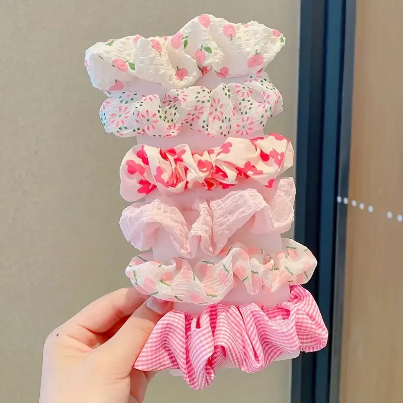 6pcs/set women's sweet pink peach blossom check large intestine hair ring,fashionable and versatile hair accessory