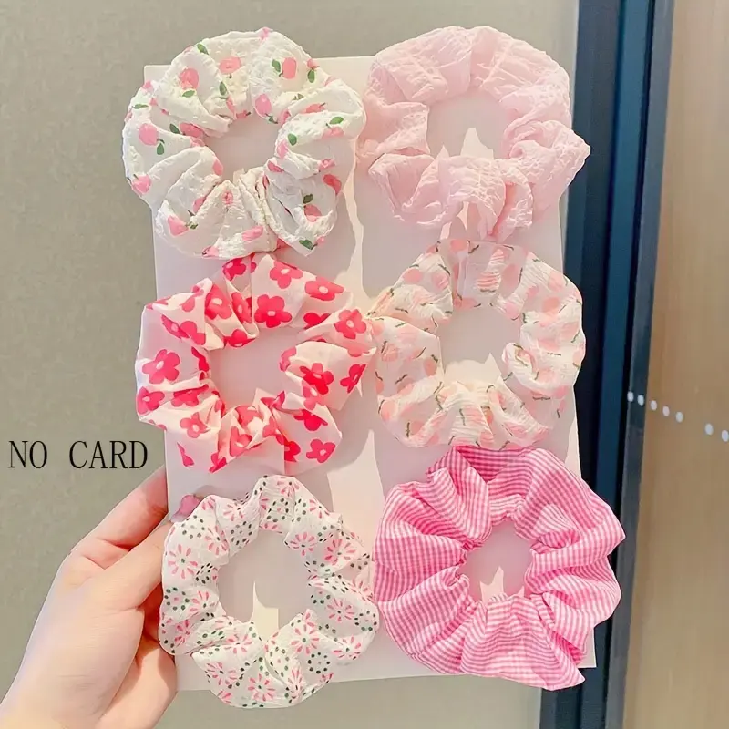 6pcs/set women's sweet pink peach blossom check large intestine hair ring,fashionable and versatile hair accessory